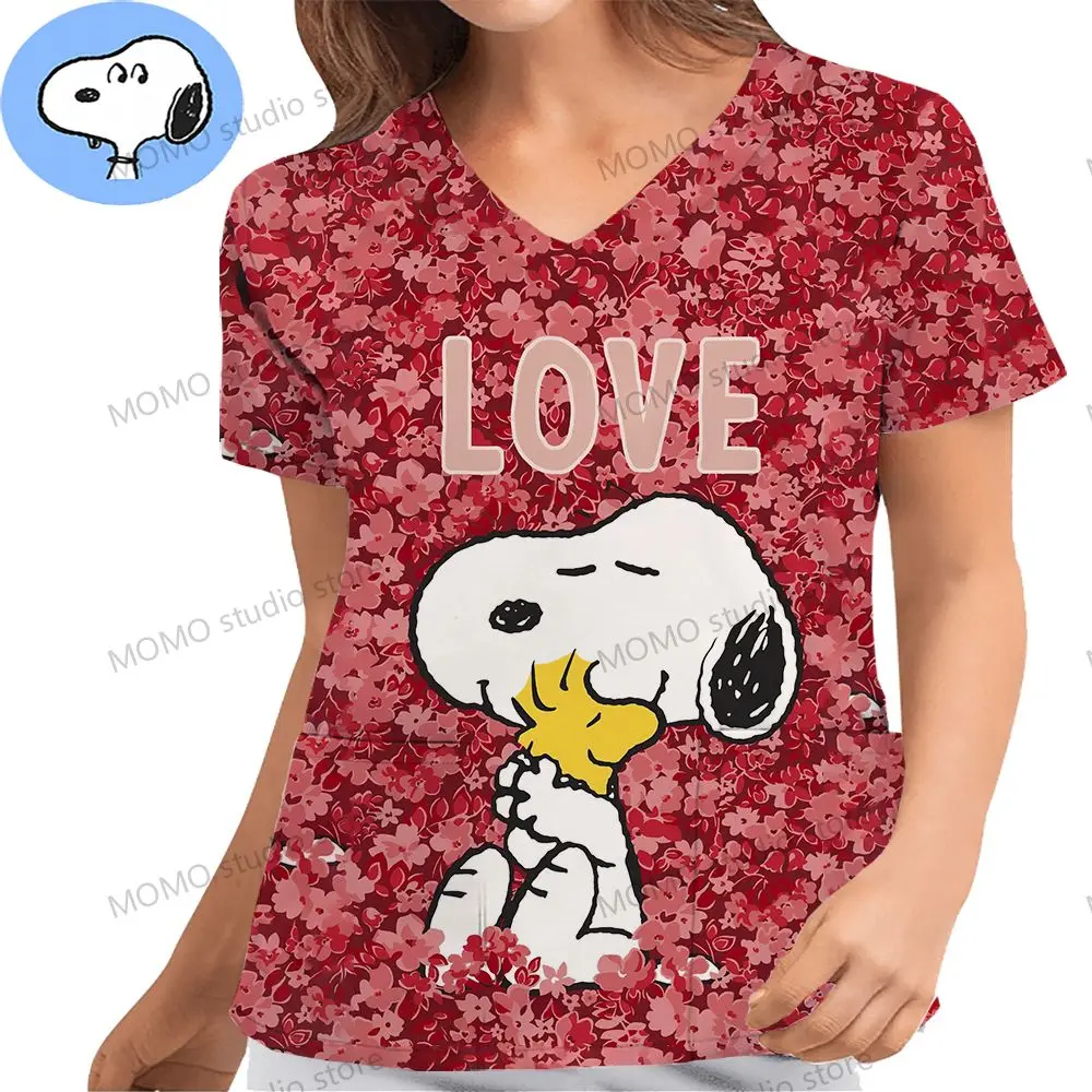 

Hospital Women's V Neck Nurse Uniform T-Shirt Kawaii Snoopy New Pocket Woman Clothing Short Sleeve Cheap Top Shirts 2024 S-2XL