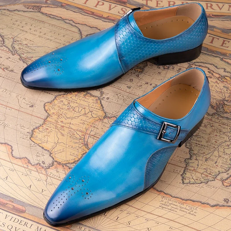 Men Loafer Shoes Elegant Dress Formal Suit Breathable Leather Shoe No Slip Handmade Monk Adult Footwear Blue Black