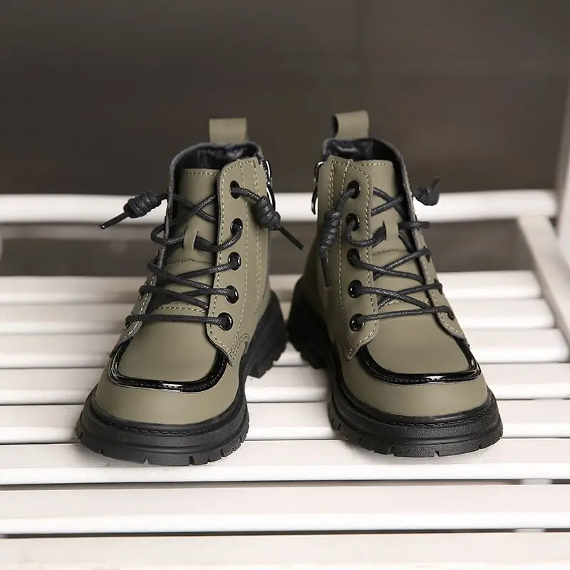 

3-11Y Children Boots Boys Girls Spring Autumn Square Heel Cow Split Leather Zipper Wear Resistance Non-slip Kids Shoes Hw50