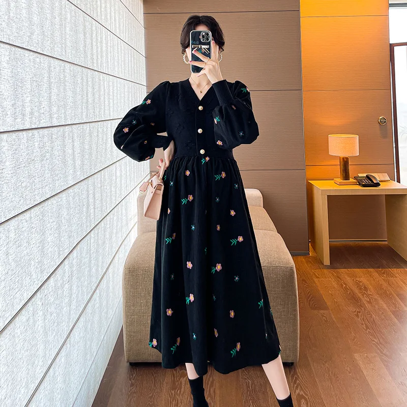 Long Sleeve Maternity Dress Autumn Winter Knit VNeck Stitching