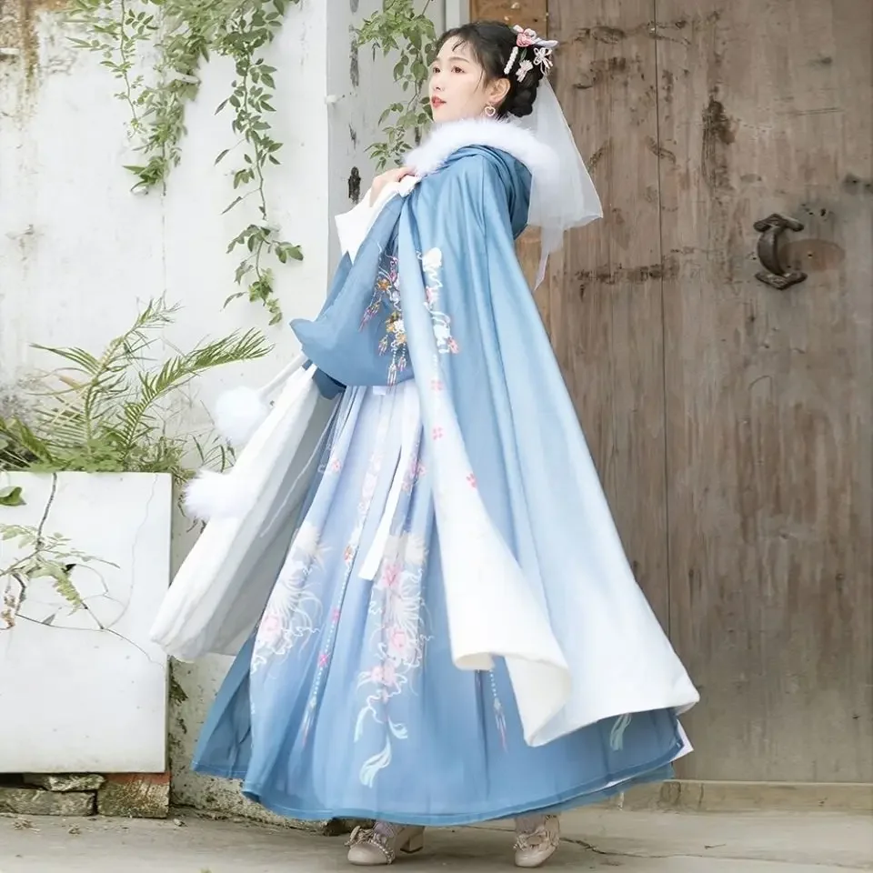 

Hanfu Cape Cloak Autumn Winter Women Fairy Hooded Floral Print Warm Coat Chinese Ancient Vintage Tang Dynasty Princess Overcoat