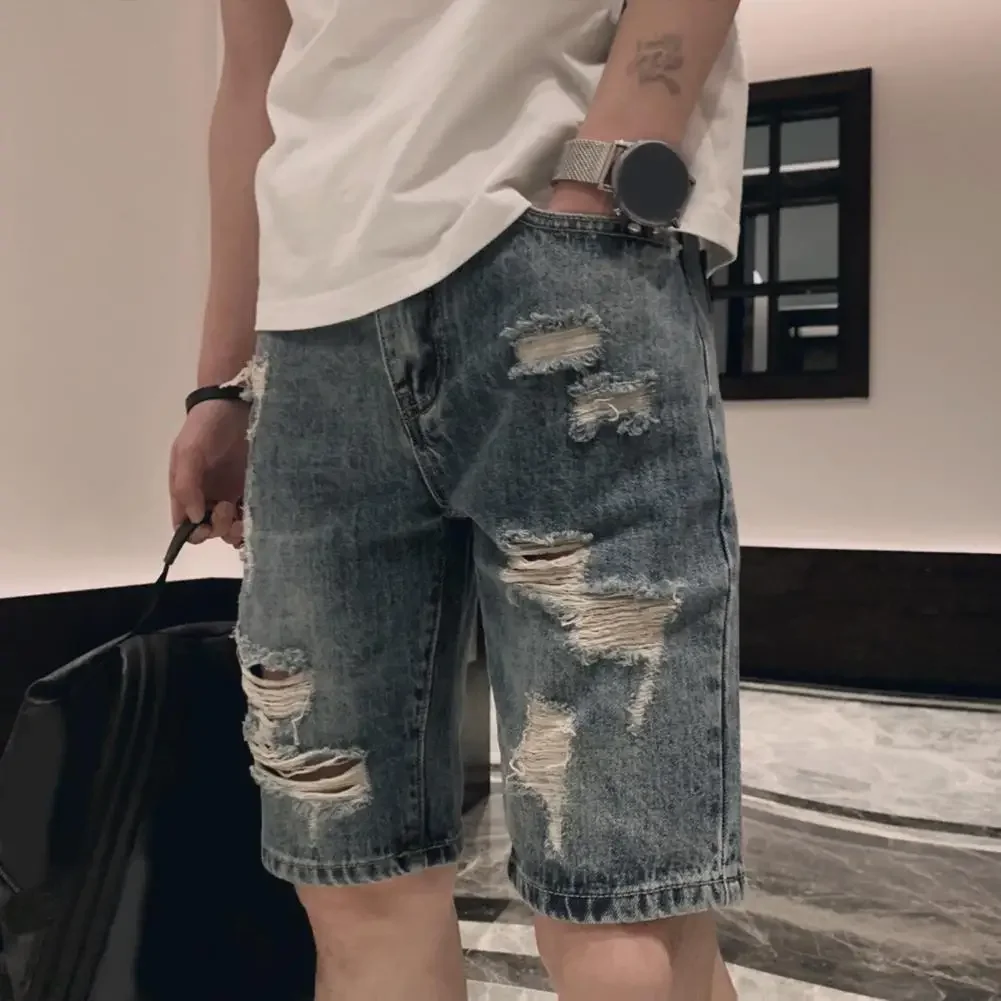 

Summer Ripped Holes Denim Shorts Mid-rise Pockets Zipper Button Fly Straight Leg Knee Length Men Short Jeans Streetwear