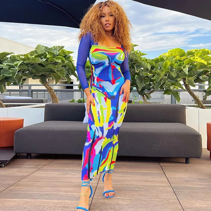 

Body Print Women 2Piece Set Sexy Colorful Mesh Long Sleeve Bodysuits Tops+Leggings Matching Activewear Skinny Outfits