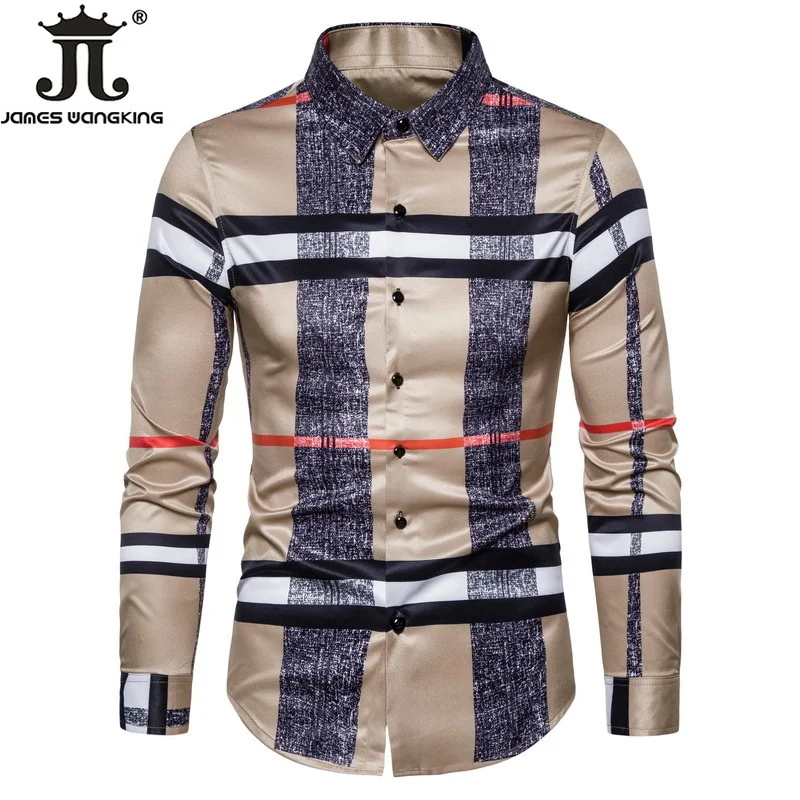 6XL2022BusinessCasualPlaidShirtMensFormalWorkwearWedding