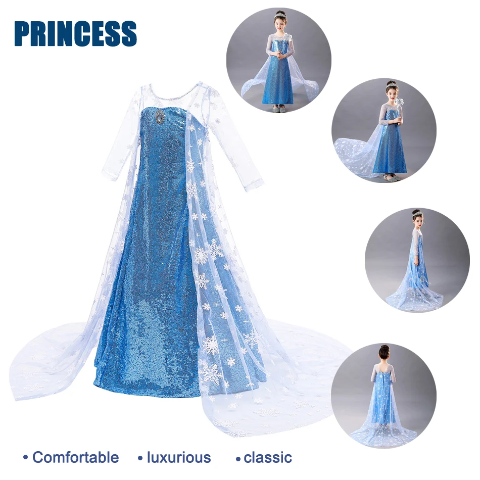 Girls Elsa Dress Fancy Snow Queen Cosplay Princess Costume With Cloak Apparel Role Play Clothes Halloween Carnival