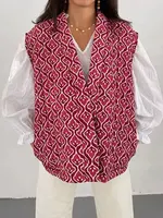 HH Women Vintage Print Quilted Vest Coat Autumn Winter Female Loose Casual V Neck Sleeveless Open Stitch Waistcoat Top