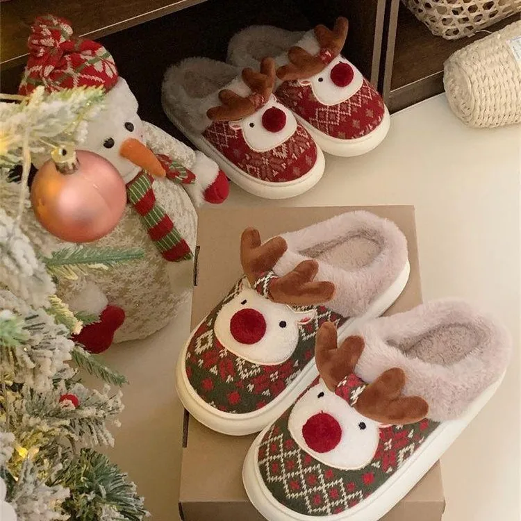 New Christmas Cotton Slippers For Women Cute Cartoon Deer Anti-slip Girls Indoor Home Floor Shoes Couple Fashion Party Slides 3
