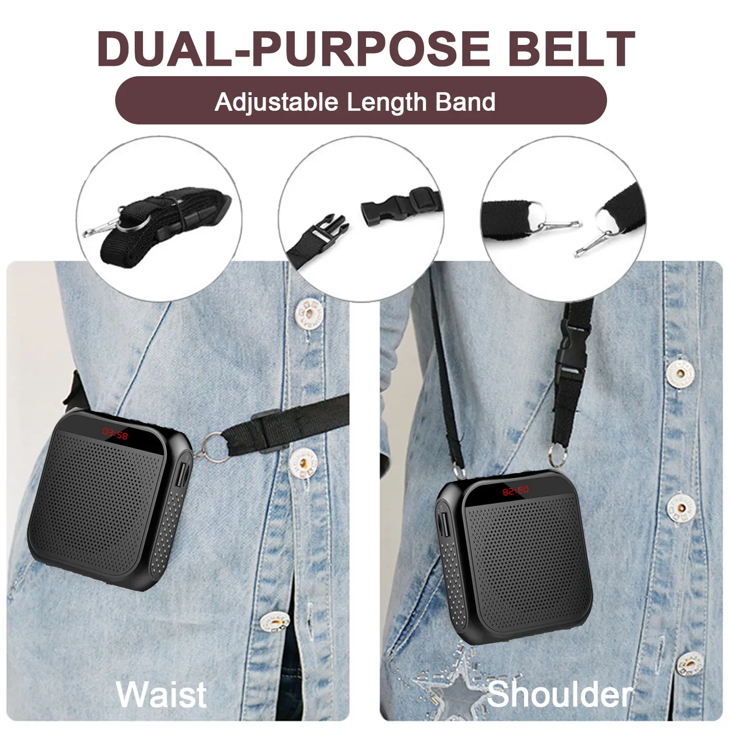 Back view of portable voice amplifier with clip and strap slots