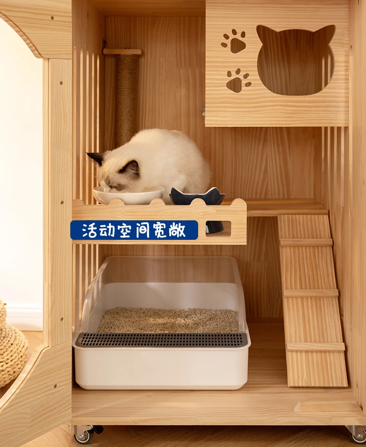 Cat Cage Cat Villa Solid Wood Small with Toilet Integrated Two-Layer Cattery Cat House Home Indoor Pet Kitty