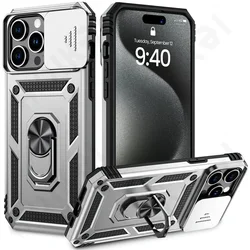 Rugged Kickstand Case with Slide Camera Protection and Drop Shockproof Design for iPhone 13 Pro Max (Silver)