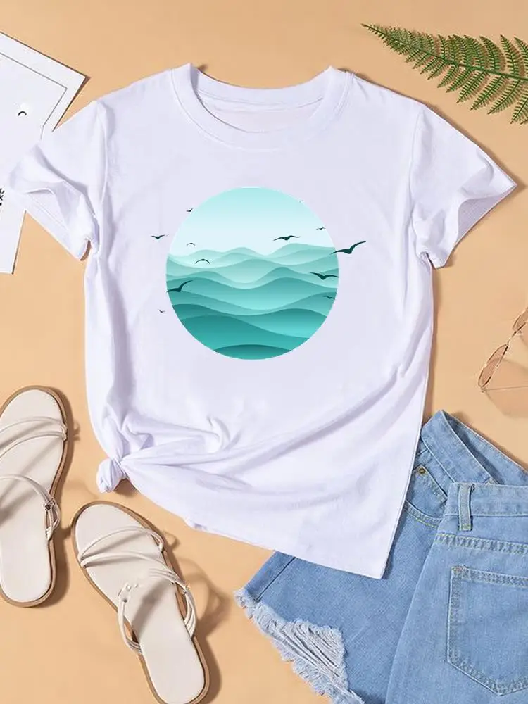 

Wave Beach Lovely Cute Trend Clothes Lady Top Short Sleeve Clothing Fashion Print Women O-neck Female Shirt Tee Graphic T-shirt