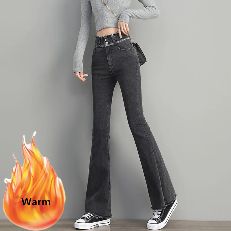 

Winter Oversize 70kg Flare Jeans Add Velvet High Waist Skinny Denim Pants Burr Vaqueros Vintage Warm Spodnie Thick Woman Jeansy