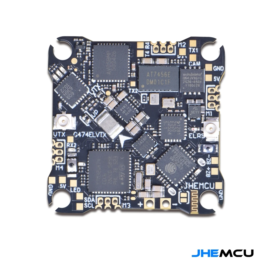 Carte JHEMCU G474ELVTX AIO montrant les ports et l'antenne, solution tout-en-un pour acheter JHEMCU G474ELVTX AIO 1-2S 12A ELRS 2.4G VTX 400MW