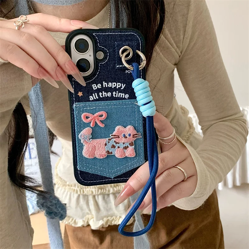 Korean Cute Cat Card Slot Phone Case with Hand Strap and Fashion Denim Cloth Design