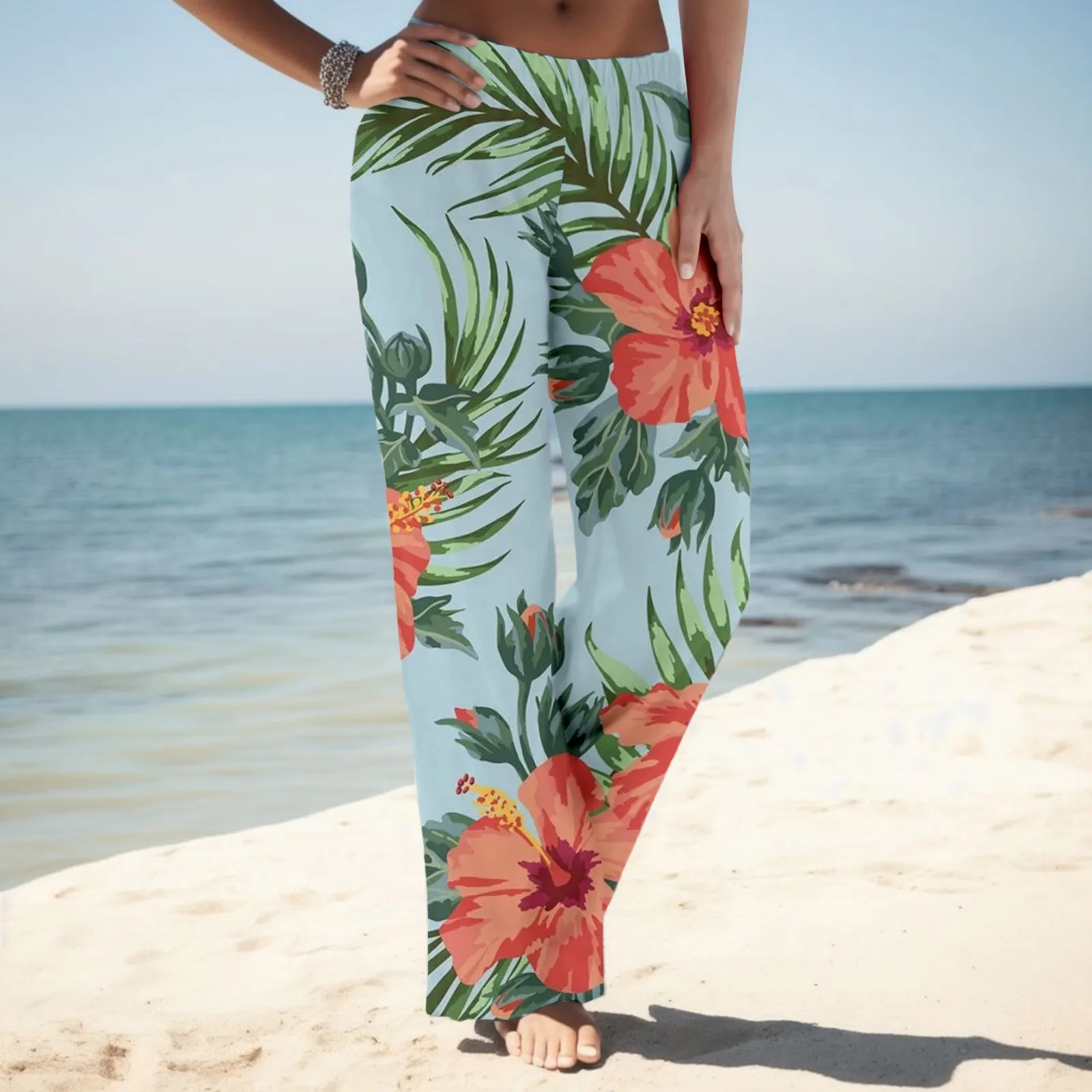 

Summer Womens Loose Long Trousers Outdoor Elastic Waist Side Pockets Trousers Solid High Waist Ruched Beach Boho Wide Leg Pants