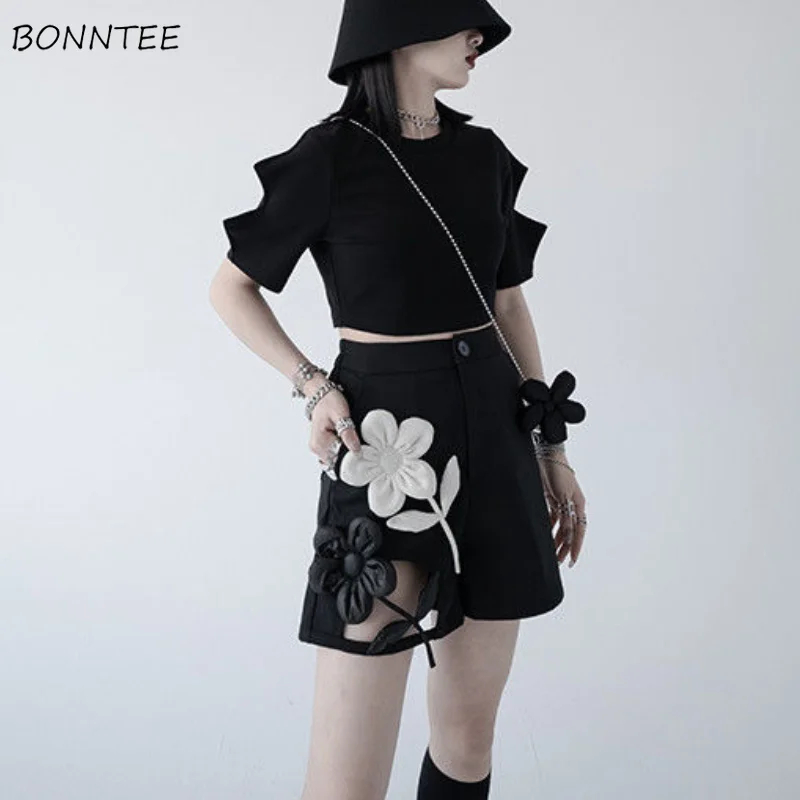 

Shorts Women Floral Appliques Design Streetwear Y2k Fashion New Korean Style Temperament Leisure Wide Leg Loose Summer Cozy Ins