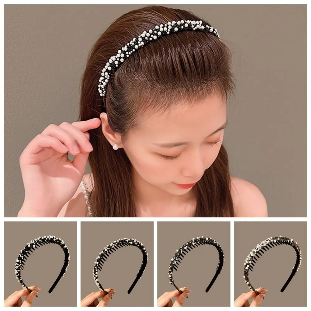 with Toothed Rhinestone Headband Cute Plastic Make Up Pearl Hairband Hair Hoop Face Wash Female female environmental storage bag cotton canvas make up handbags candy color reusable foldable eco lauch bag can customized logo