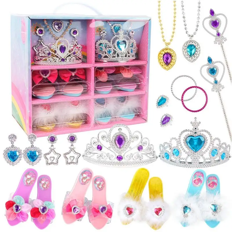Princess Dress Up Shoes Jewelry Necklace Earrings Crown Wand Pretend Play Fashion Accessories Sets For Toddler Girls Gift Toy