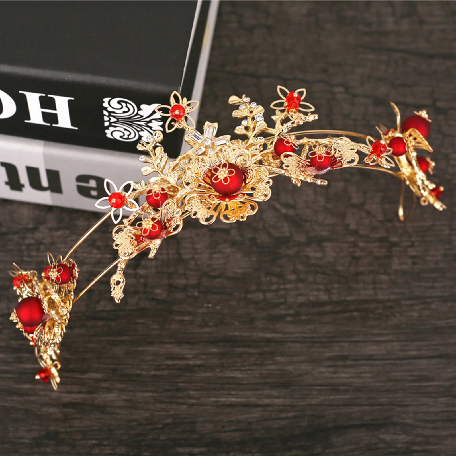 Vintage Chinese Hair Stick Headband Set Red Flower Hairpins Chinese Hanfu Hair Accessories Set Traditional Retro Jewelry