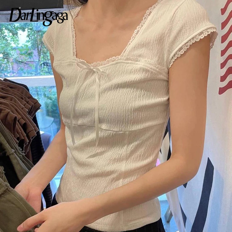 Darlingaga Korean White Square Neck Women T-shirts Short Sleeve Lace Trim Bow Cutecore Sweet Slim Tees Tops Short Preppy Style