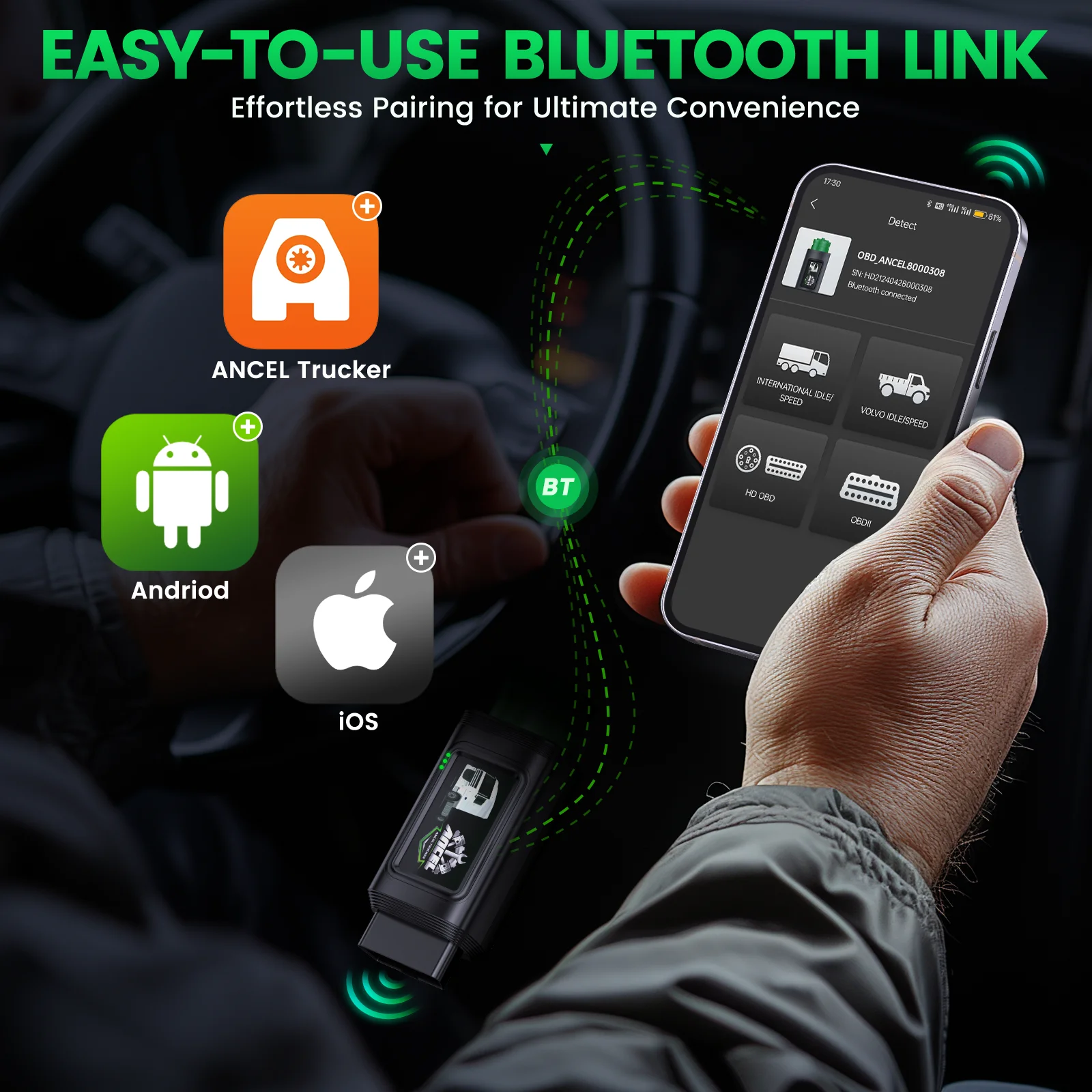ANCEL HD210 Heavy Duty Truck Scanner OBD2 Speed Limit & Idle Reset for Volvo & International Bluetooth All System Diagnostic 6