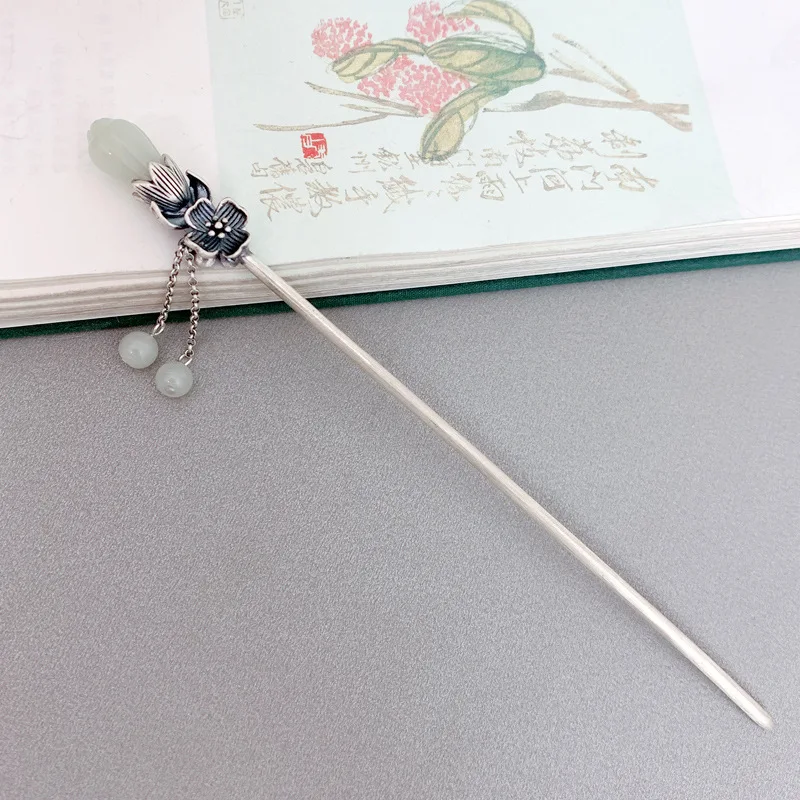 

925 Sterling Silver Chinese Style Tassel Hairpin Hanfu Accessories Vintage Ethnic Jade Magnolia Hair Sticks Women Head Jewelry