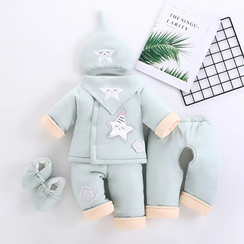 신생아 겨울 옷 6 개 세트, 코튼 패딩 재킷, 두꺼운 따뜻한 옷, 0-12 개월 아기 옷 