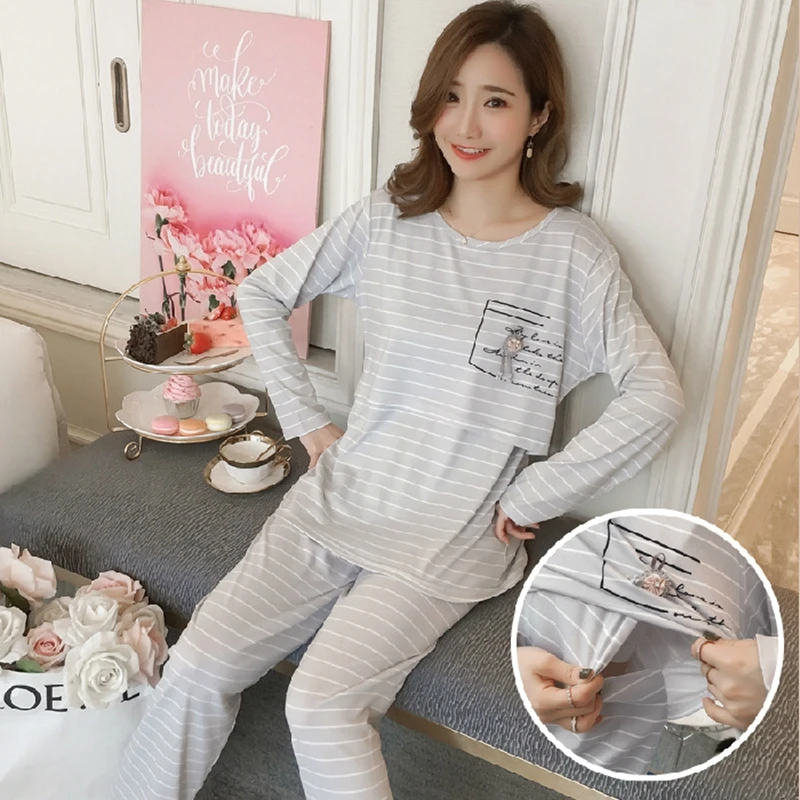 Women Nursing Pyjamas Homewear Spring Autumn Maternity Pajamas Set Cute Breastfeeding Clothes Long-sleeved Pregnancy Sleepwear 2