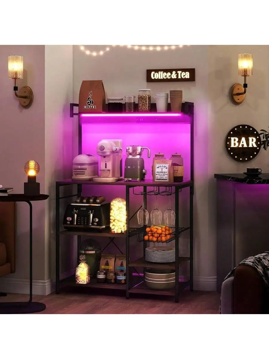 HOMCOM Bakers Racks with Power Outlet and LED Lights Coffee Bar Table for Kitchens with Storage Microwave Stand with Gla 4