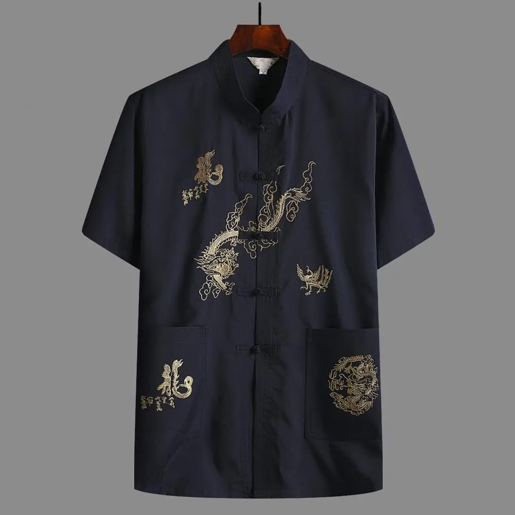 

Tangs Suit Top Embroidery Dragon Solid Color Stand Collar Short Sleeve New Year Wear Super Soft Chinese Kung Fu Wing Chun Garmen