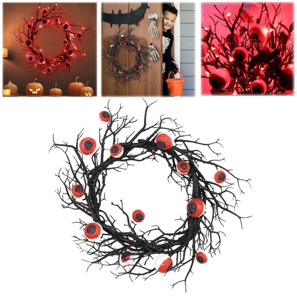 

Halloween Wreath Bat Black Branch Wreaths with Red LED Light 45CM Wreaths for Doors Window Flower Garland Halloween Decoration