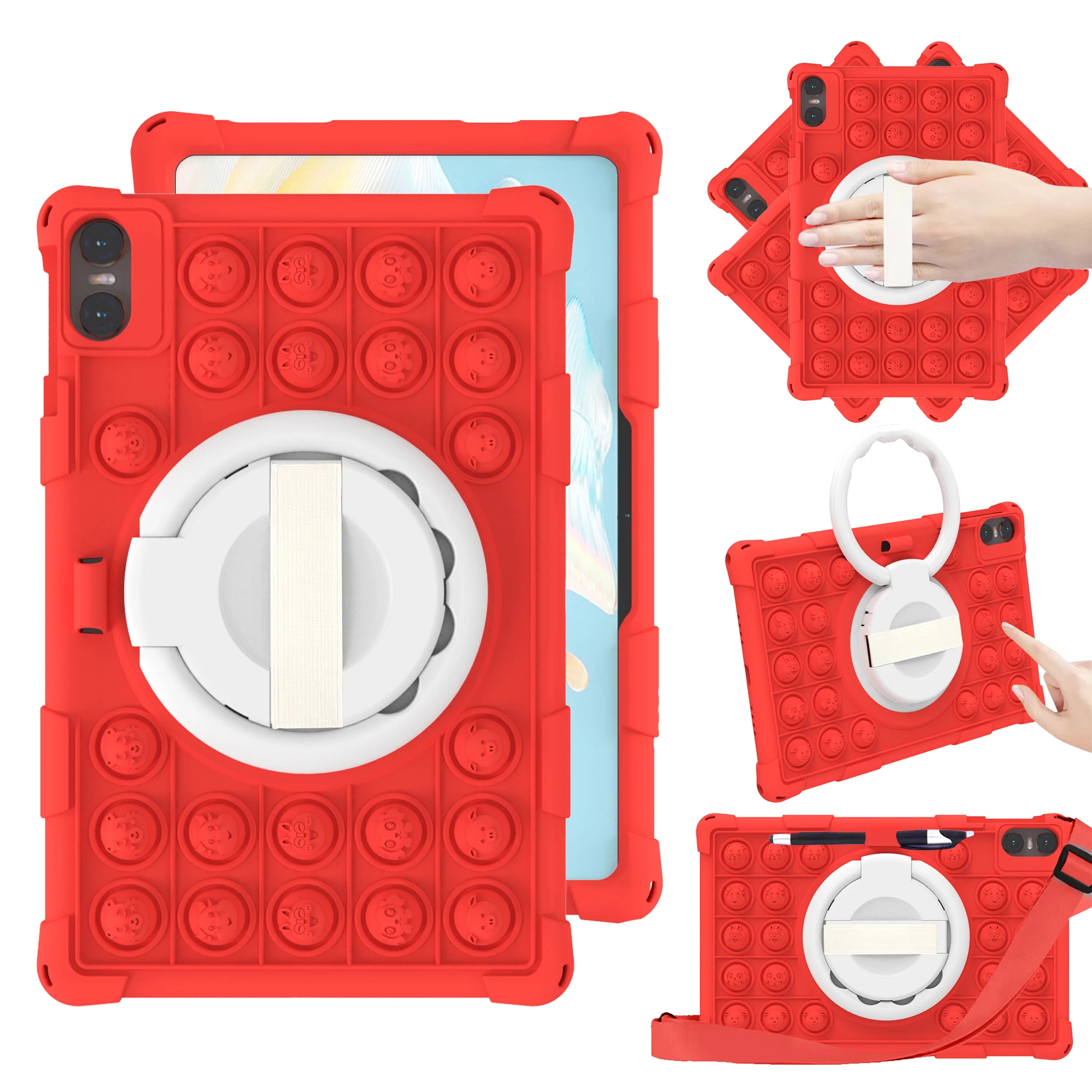 Kids Shockproof Silicone Cartoon Case with Decompression Bubbles, Shoulder Strap & Pen Holder