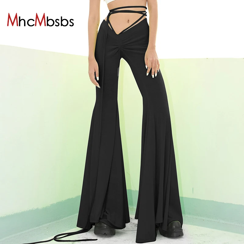 

Women Low Rise Bandage Lace Up Flare Pants Sexy Cut Out Ruched Casual Baggy Trousers 2024 Spring Fall Birthday Luxury Clothes