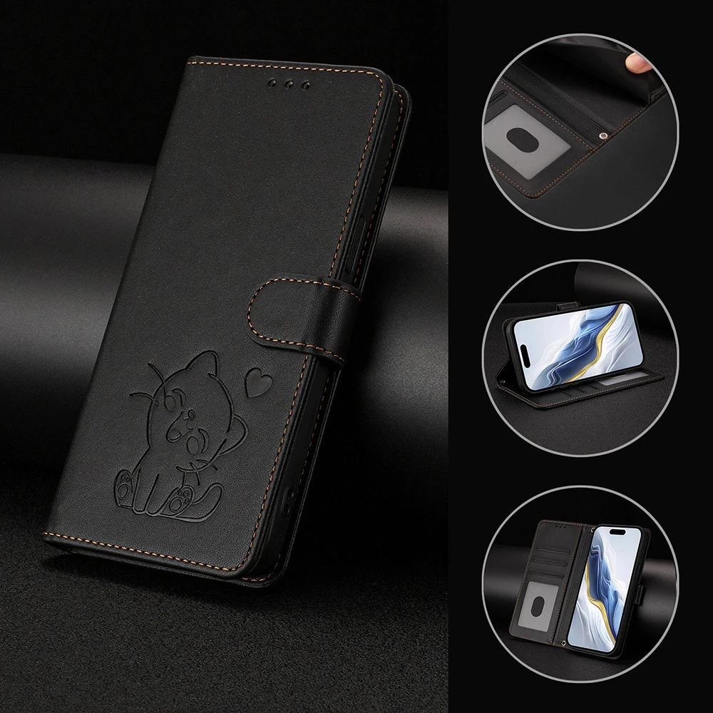 Cute Cat Leather Wallet Case with Card Holder - Stylish Phone Cover