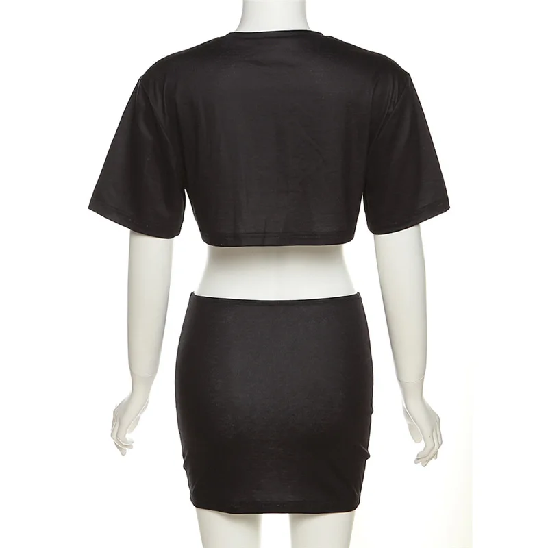 Street Style Letter Print Two Piece Set Women Summer Short Sleeve T-shirts Crop Tops Bodycon Mini Skirts Fashion Casual Suits