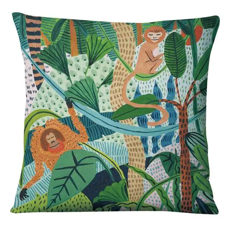 Cute Sloth In Green Tropical Botanical Leaves Art Painting Print Pillowcase Jungles Praying Mantis Cushion Decorative Pillow floor cushions Cushions