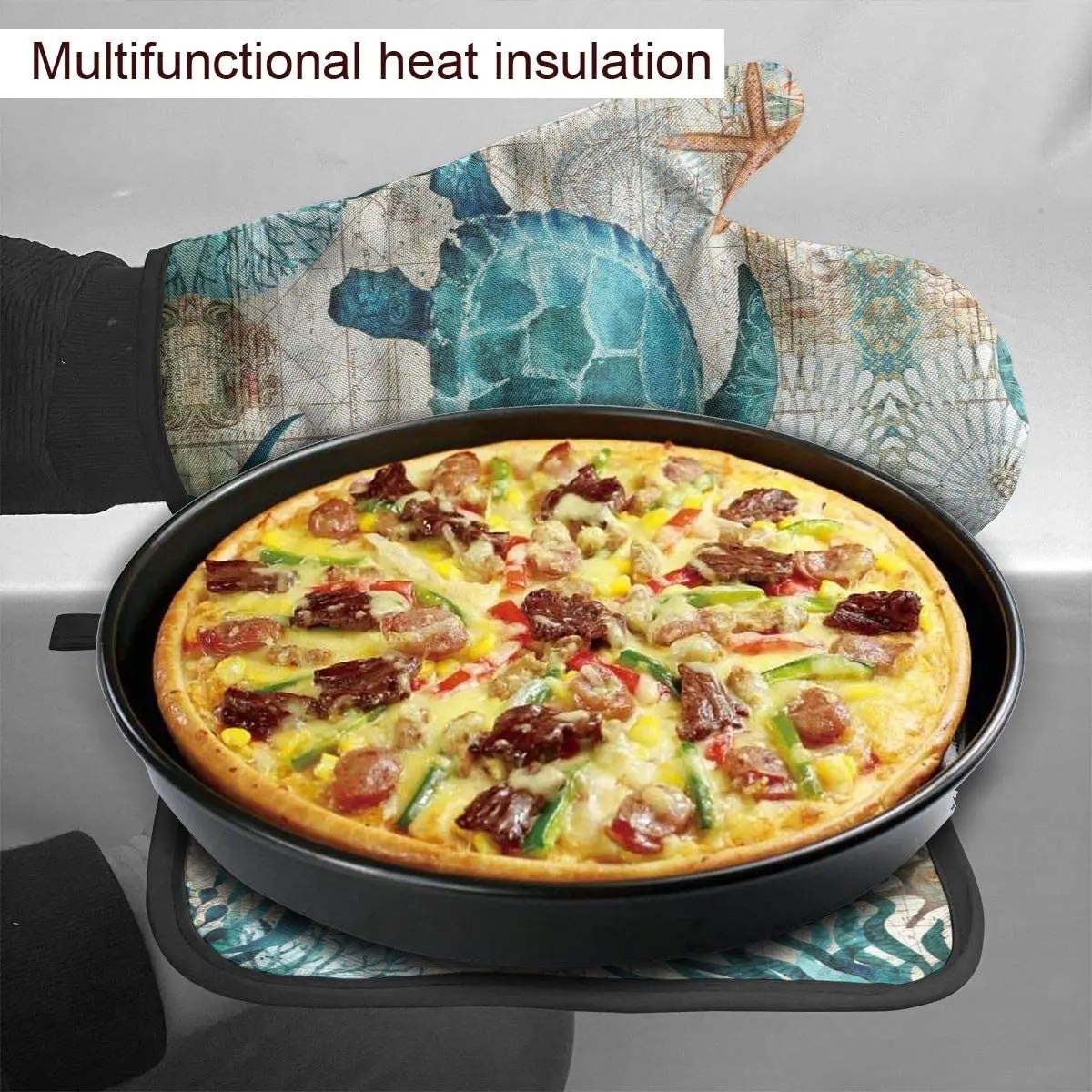 Marine Life Theme Sea Turtle Heat Resistant Hot Oven Mitts & Pot Holders Oven Gloves for BBQ Cooking Baking Grilling