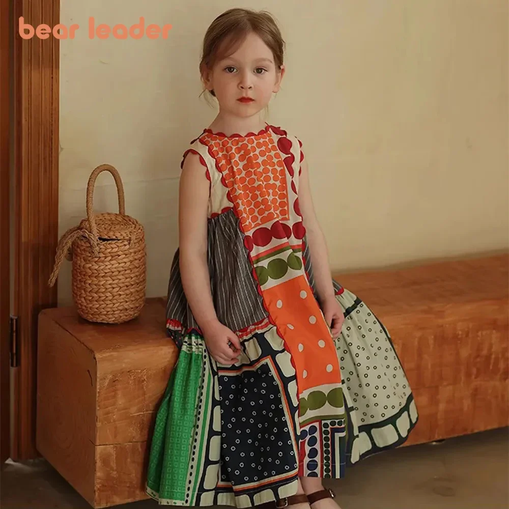 Bear Leader Girls' Dress Summer Children's Fashion Round Neck Sleeveless Geometric Multicolor Dress Comfortable Casual Dress