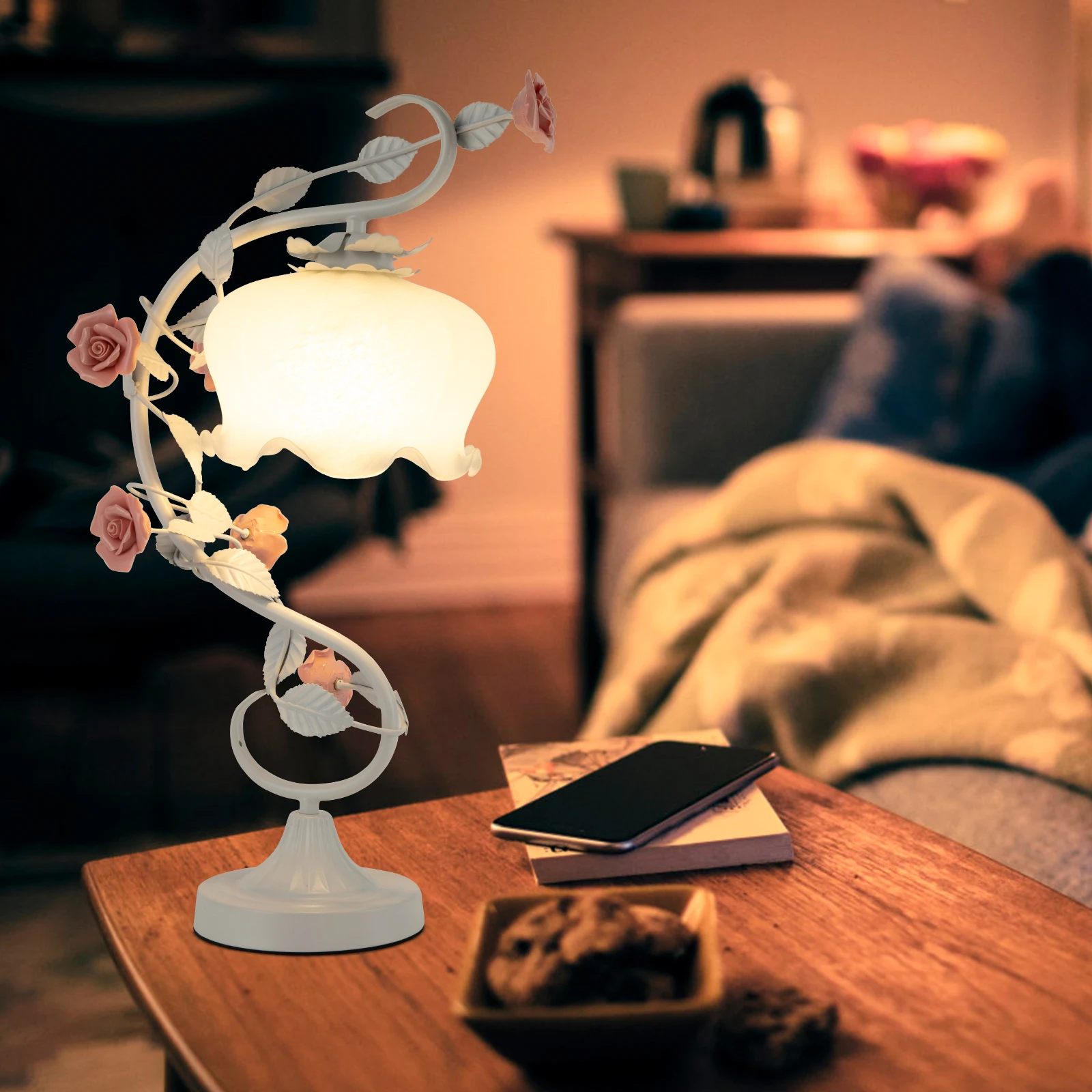 Rose Table Lamp Glass Table Lamp with 7.48 inches Wide Bent Glass Lampshade 4