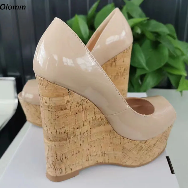 

Olomm New Arrival Handmade Women Summer Shiny Pumps Sexy Wedges Heels Peep Toe Pretty Nude White Grey Party Shoes Size 35-52