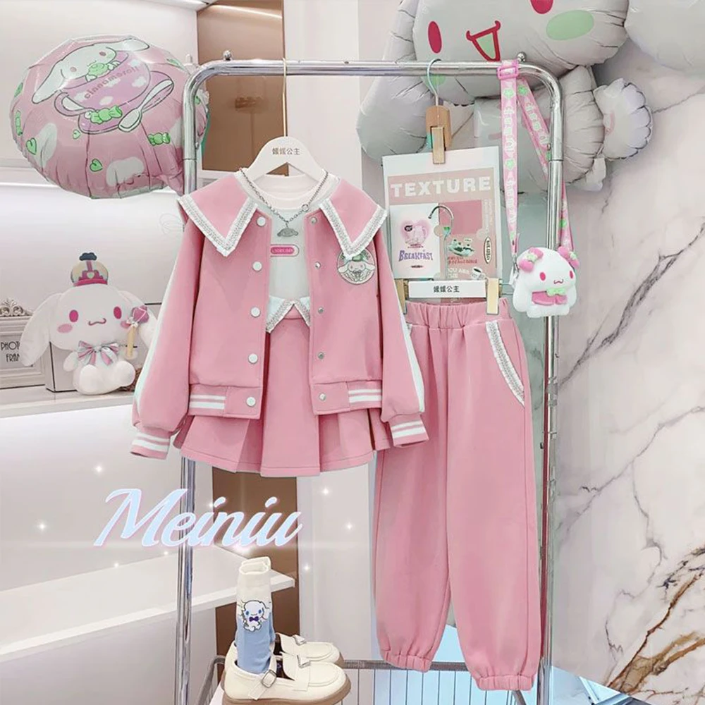 Girls coat Sanrioed Girls Sets Cinnamoroll Anime Coat T-Shirt Pleated Skirt Pants Y2K Korean Clothing
