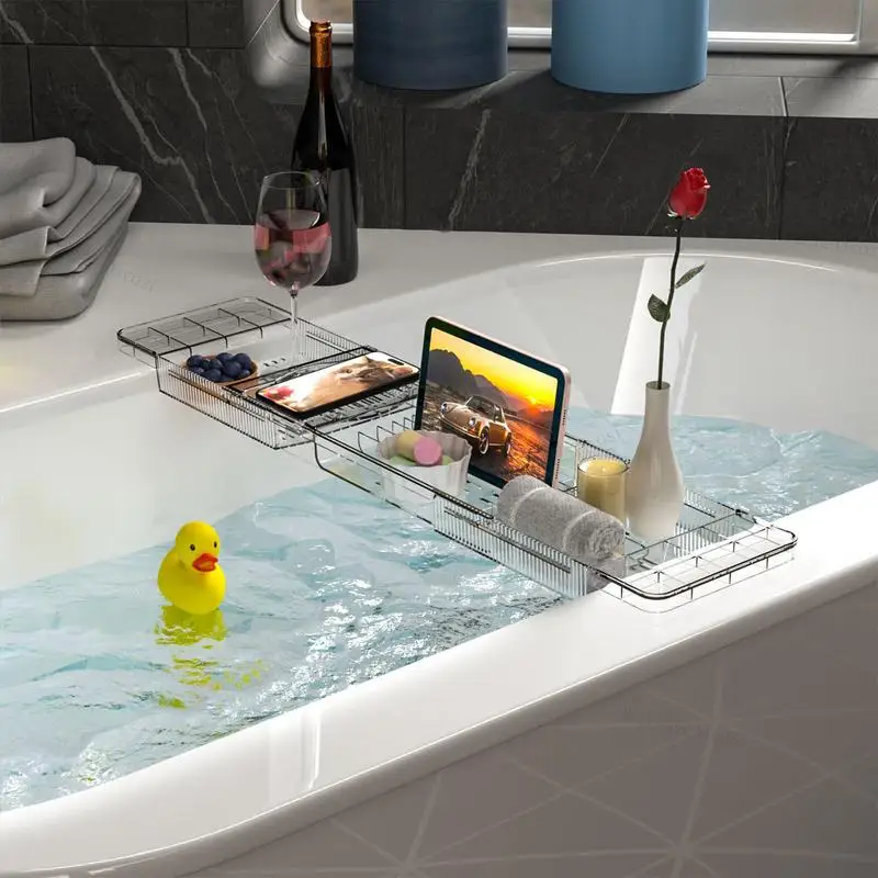 Tub Table For Bath Bathroom Bathtub Anti-Tipping Bath Tray Multi-Functional Glass Tray Spacious Bathtub Organizer For Tablets