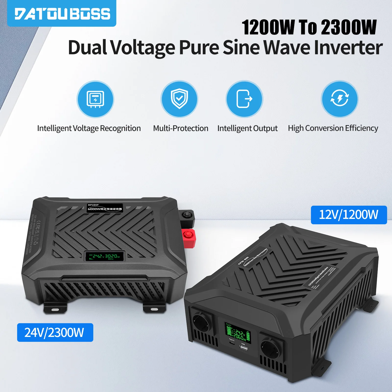 Sine Wave Inverter Pure 12V 1200W 24V 2300W Dual Voltage Input 12V/24V Auto Switching For Car RV Modification DATOUBOSS sine wave inverter