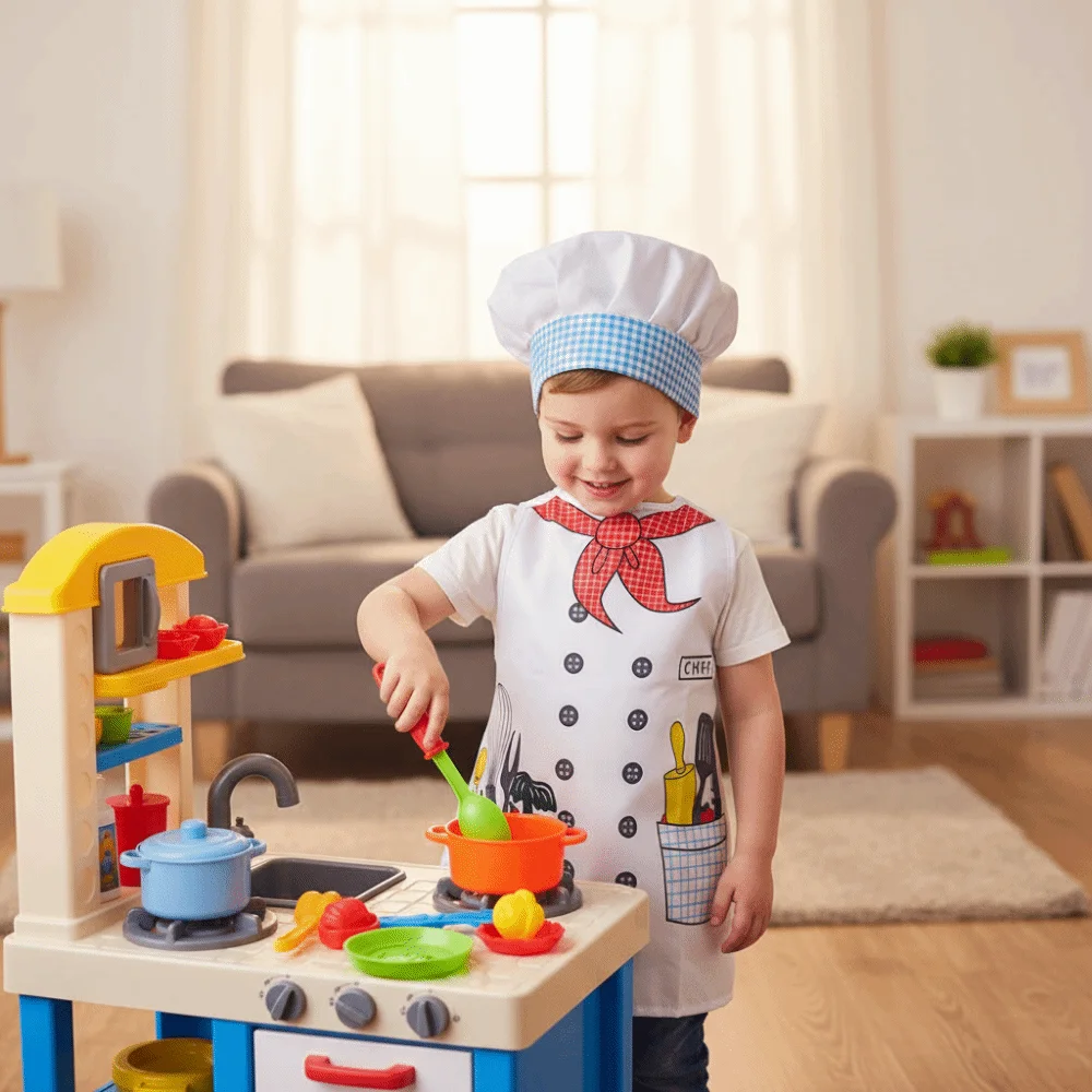 Creative Cartoon Pattern Toy Chef Uniform White with Cap Kitchen Suit Cosplay Role Play Cooking Toy Clothes Children's Play