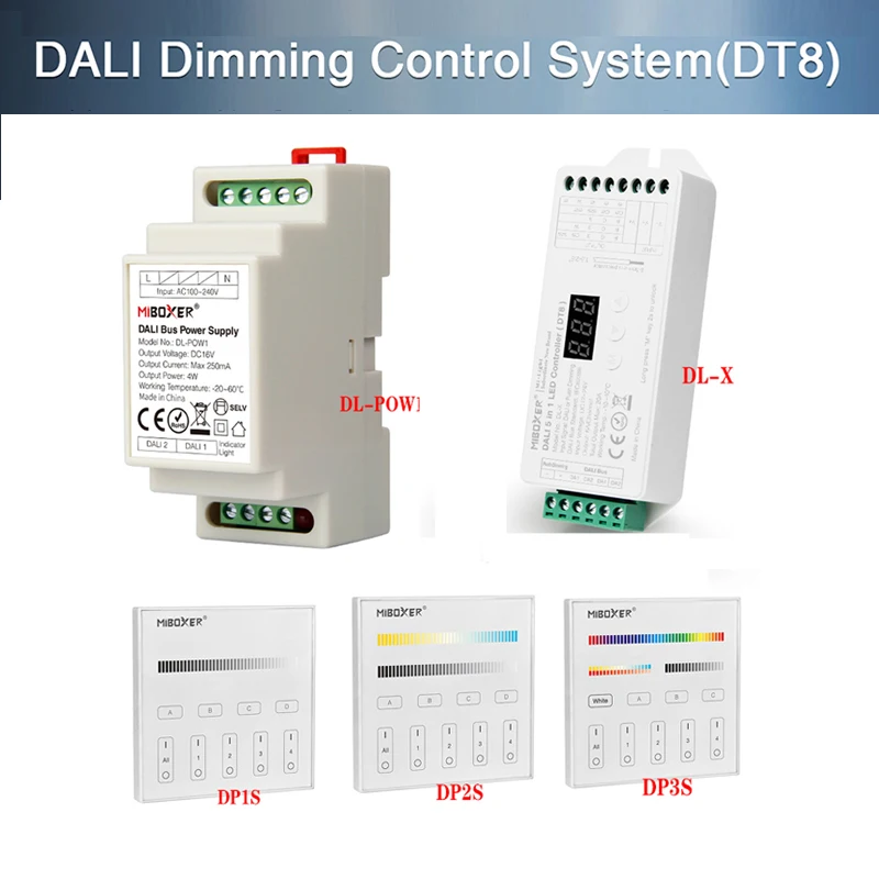 

Miboxer DALI Dimming Control System(DT8) 86 touch panel DALI 5 in 1 LED Controller DALI Bus Power Supply DIN Rail for led lamps