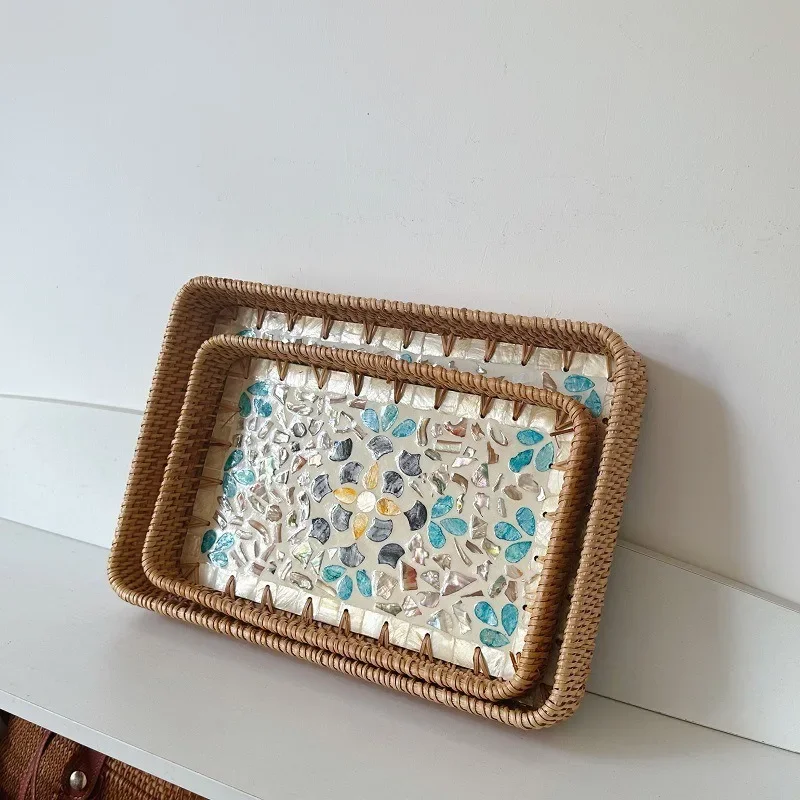 Rattan Shell Handmade Color Storage Round Home Living Room Light Luxury Picnic Fruit Plate Restaurant Sweets Advanced Tray 4