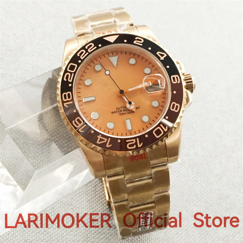 

LARIMOKER NH35A Rose Gold Automatic Men Watch Jubilee Oyster Band Black Coffee GMT Insert Date Magnifier Screw Crown