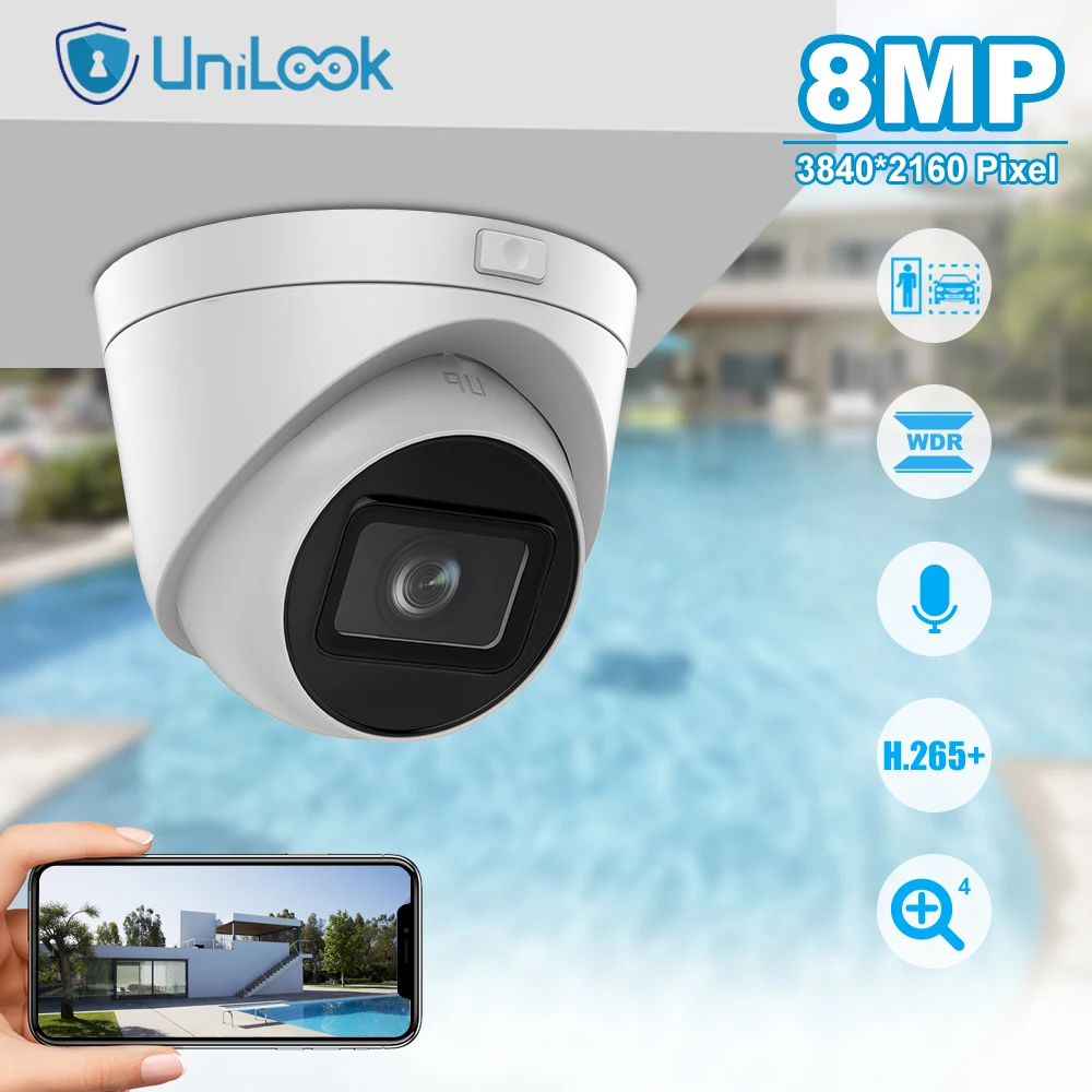 

Unilook 8MP AcuSense Motorized Varifocal Turret Network Camera Outdoor Motion Detection H.265 One Way Audio POE IP Camera