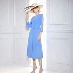 Elegant A-Line Mother of the Bride Dresses for Weddings V Neck 3/4 Sleeves Wedding Party Gowns Bow Tea-Length فساتين السهرة