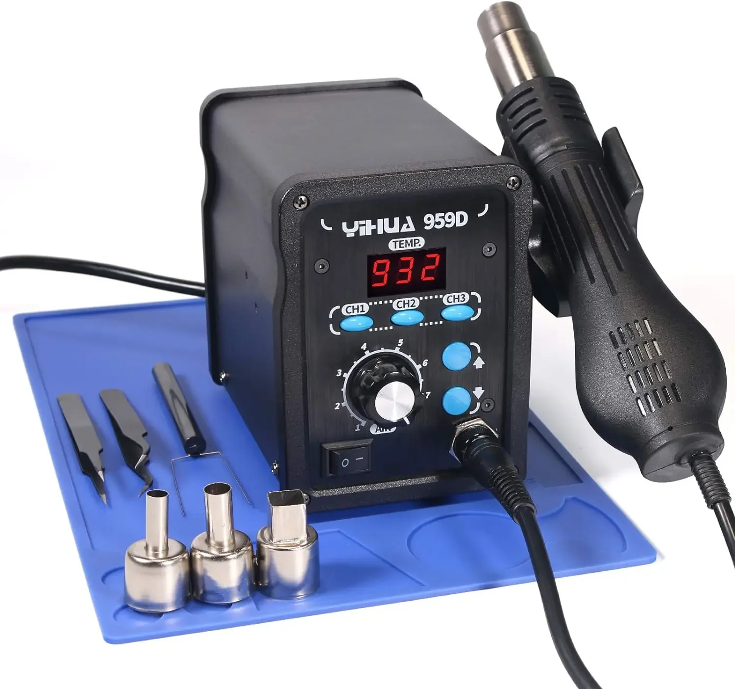 959D-Digital Hot Air Rework Station High Power with 3 Memories, Airflow Efficiency &deg;F /&deg;C Display Accurate Temp 212&deg;F~932&deg;F